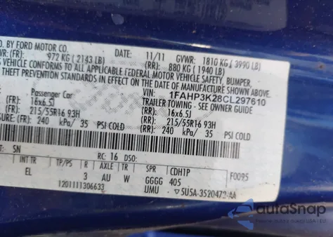 2012 Ford Focus Se z USA, uszkodzony, nr VIN 1FAHP3K28CL297610